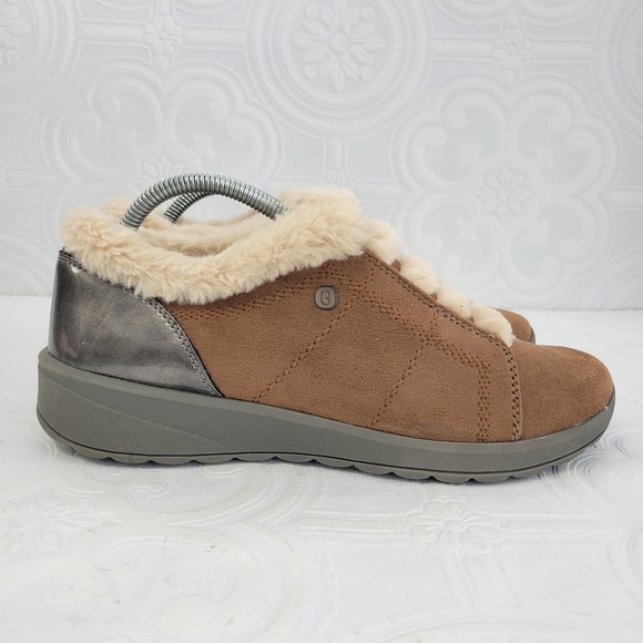 Bzees Golden Womens 10 M Tan Faux Fur Trim Slip On Metallic Heel Comfort Shoes - Picture 3 of 10